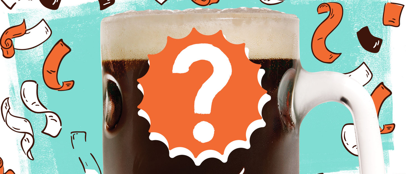 Background is light blue with orange and white confetti. A mug of A&W Root Beer is in the center of the image. An orange starburst is in the center of the mug with a white question mark inside.